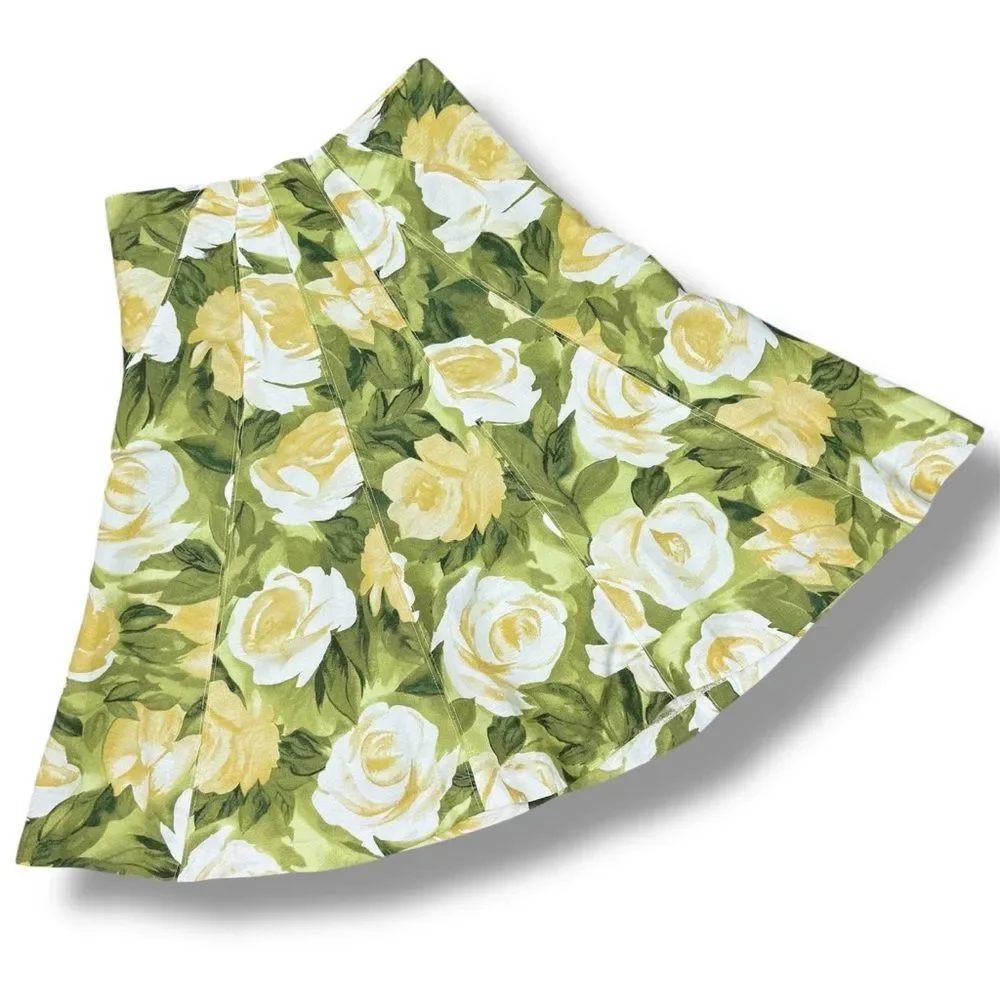 Premise Floral Roses Linen Blend A Line Flare Midi Skirt Lime Green Yellow 4‎